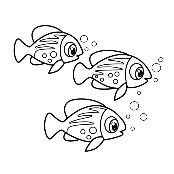 Cute Cartoon Three Motley Sea Fishes Outlined Coloring Page Isolated — Stock Vector