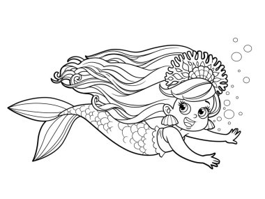 Mercan tacı takmış şirin küçük deniz kızı beyaz arka planda izole edilmiş renkli sayfa için öne doğru süzülüyor.