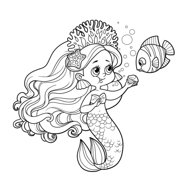 Niedliche Kleine Meerjungfrau Mädchen Korallen Diadem Und Die Fische Essen — Stockvektor