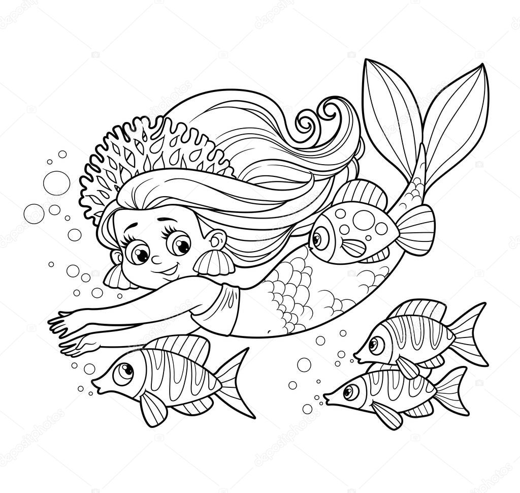 Cute little mermaid girl in coral tiara swims with fish outlined for coloring page isolated on white background