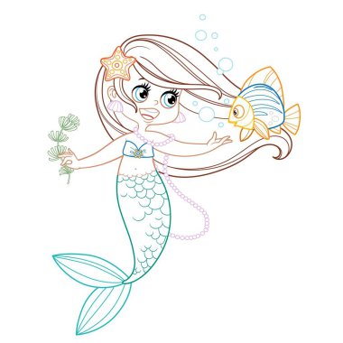 Elinde deniz yosunuyla tatlı küçük bir deniz kızı beyaz bir arka planda boyama sayfası için çizilmiş balık renginde bir kızla konuşuyor.