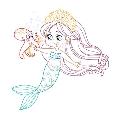 Mercan tacı takmış küçük tatlı bir denizkızı beyaz bir arka planda boyama sayfası için özetlenmiş küçük bir ahtapotla konuşuyor.