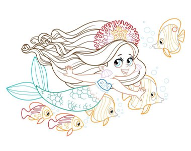 Yakındaki bir balık sürüsüyle yüzen tatlı küçük deniz kızı beyaz bir arka planda renkli sayfa çiziyor.