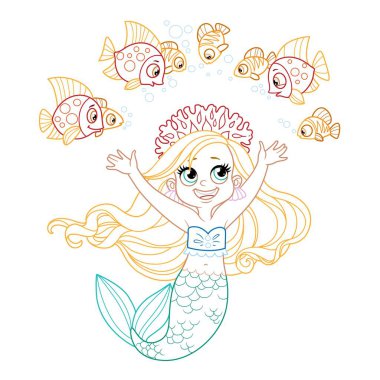 Mercan tacı takmış şirin küçük deniz kızı beyaz arka planda renklendirme sayfası için çizilmiş balık renkleriyle iletişim kuruyor.
