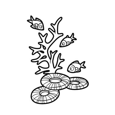 Süngerlerle çevrili uzun mercanlar ve beyaz arkaplanda izole edilmiş doğrusal balık boyama kitabı.