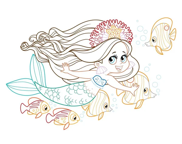 Симпатичная Маленькая Русалка Плавающая Стаей Рыб Поблизости Цветных Начертанных Раскраски — стоковый вектор