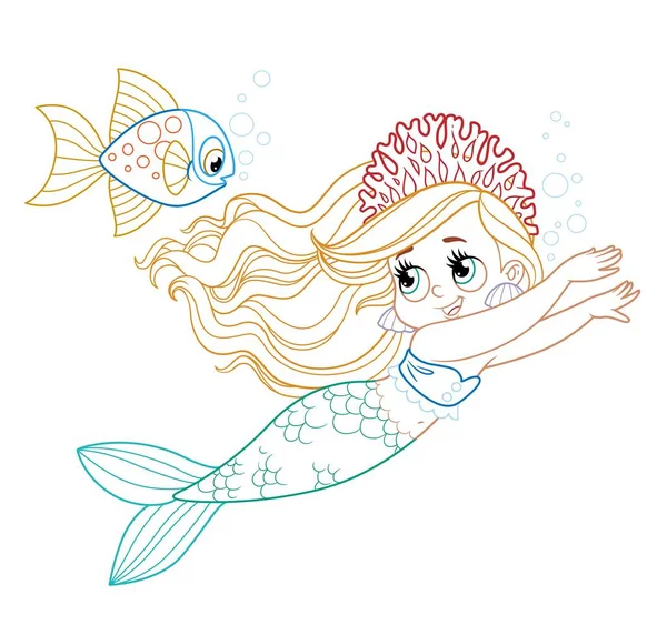 Cute Little Mermaid Girl Coral Tiara Swims Racing Colored Outlined — Stock Vector