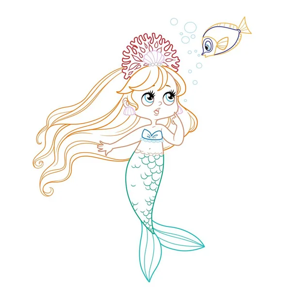 Cute Little Mermaid Girl Coral Tiara Speaks Fish Colored Outlined — Stock Vector