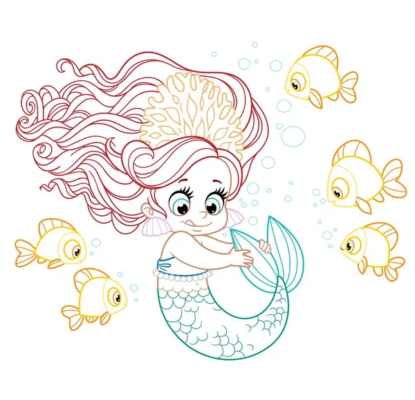 Niedliche Kleine Meerjungfrau Mädchen Korallen Tiara Spielen Mit Ihrem Schwanz — Stockvektor