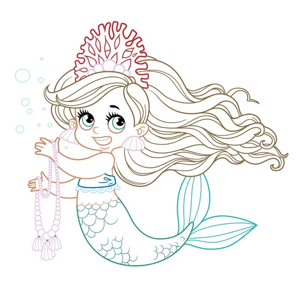 Cute Little Mermaid Girl Coral Tiara Hold Long Pearl Necklace — Stock Vector