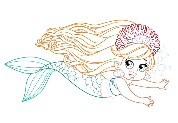 Cute Little Mermaid Girl Coral Tiara Floats Forward Colored Outlined — Stock Vector