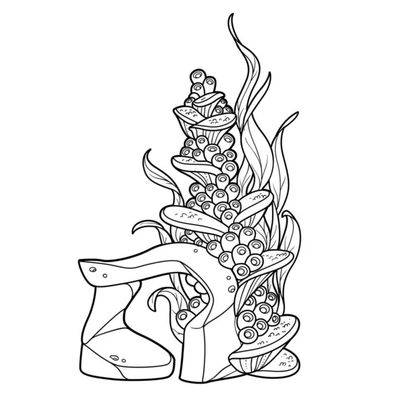 Amonlar, mercan polipleri ve uzun yosunlar beyaz zemin üzerinde izole edilmiş taş boyama kitabı doğrusal çizimlerinde büyürler.