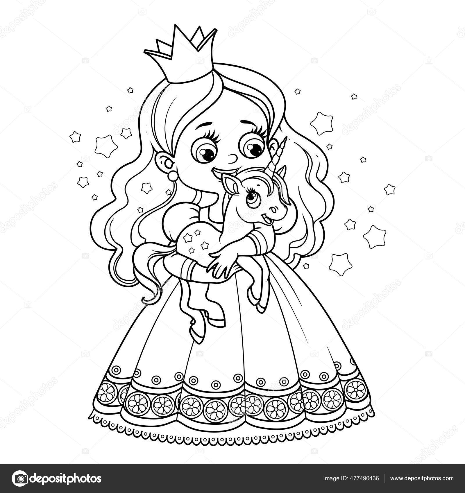 Søt Tegneserieprinsesse Holder Eventyr Baby Enhjørning Hendene Skissert  Farge Til stockvektor © yadviga #477490436, image size:1600x1697