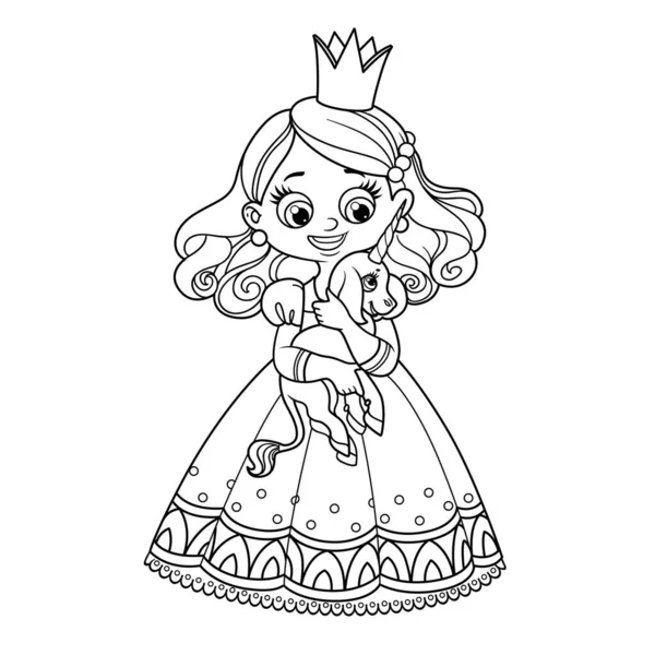 Leuke Cartoon Prinses Houden Sprookje Magie Eenhoorn Handen Geschetst Kleur — Stockvector