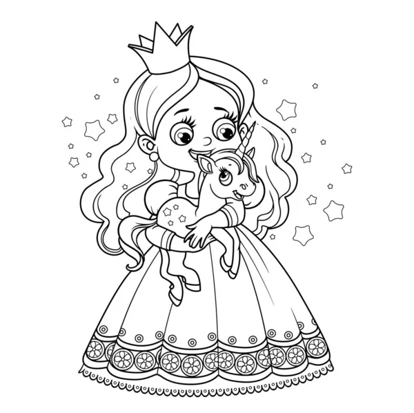 Roztomilý Karikatura Princezna Držet Pohádka Dítě Jednorožec Rukou Načrtnuté Barvy — Stockový vektor