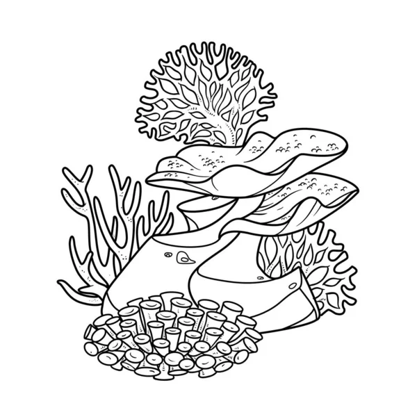 Губки Анемоны Кораллы Песчанике Раскраски Книги Линейный Рисунок Изолирован Белом — стоковый вектор