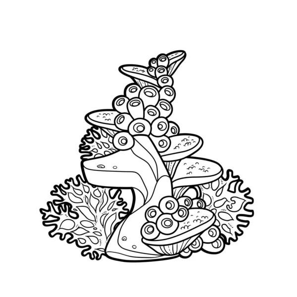 Anemoni Coralli Spugne Crescono Pietre Decorative Colorazione Libro Disegno Lineare — Vettoriale Stock
