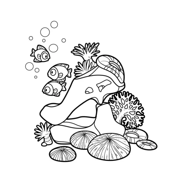 Stone Arch Sea Anemones Corals Coloring Book Linear Drawing Isolated — Image vectorielle