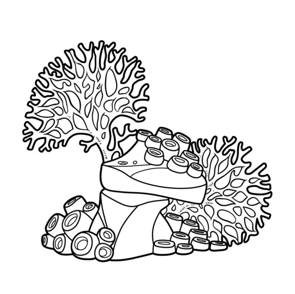 Polip Koral Besar Tumbuh Pada Buku Pewarnaan Batu Gambar Linear - Stok Vektor