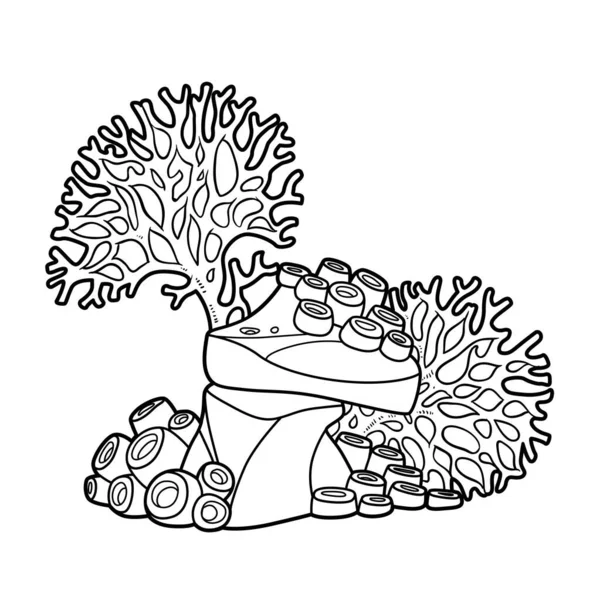 Große Korallenpolypen Wachsen Auf Stein Malbuch Lineare Zeichnung Isoliert Auf — Stockvektor