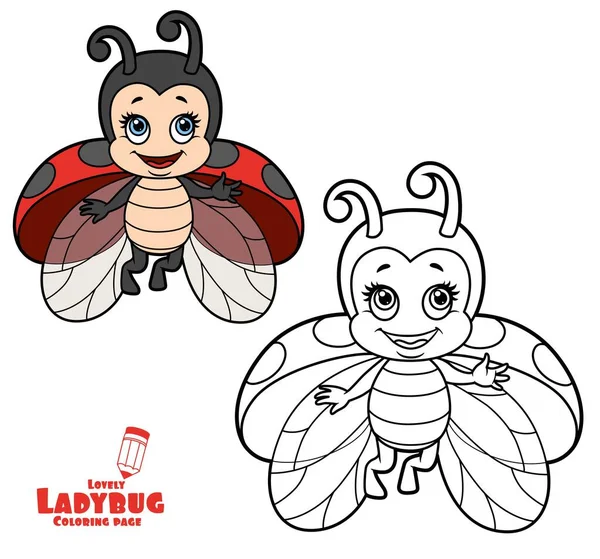 Cute Ladybug Flies Color Variation Coloring Page Isolated White Background — Stock Vector