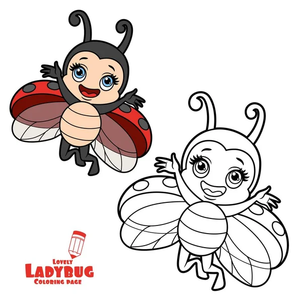 Cute Cartoon Little Ladybug Flying Color Variation Coloring Page Isolated — Image vectorielle