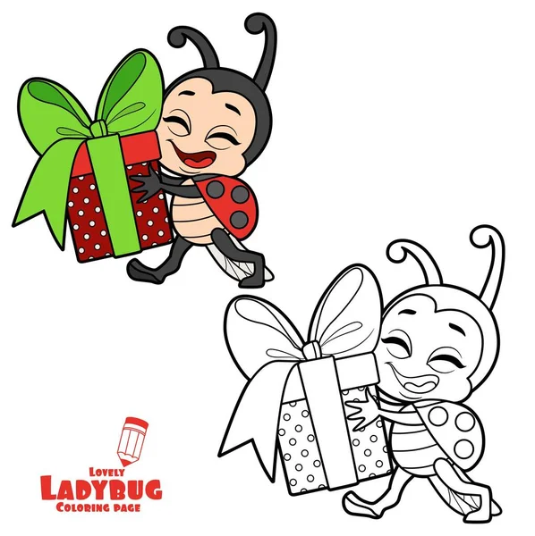 Cute Cartoon Little Ladybug Carries Gift Box Bow Color Variation — Stock Vector