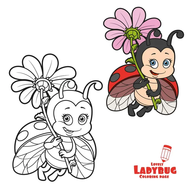 Cute Cartoon Ladybug Fly Big Flower Color Variation Coloring Page — Stock Vector