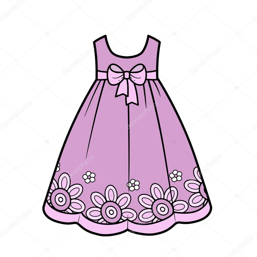 Beautiful dress decorated flowers outline for coloring on a white background