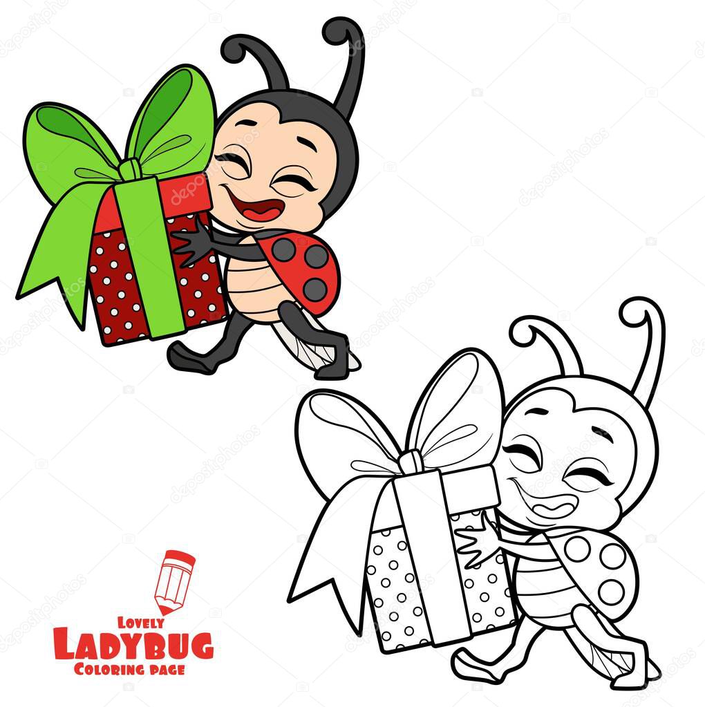 Cute cartoon little ladybug carries a gift in box and with a bow color variation for coloring page isolated on white background