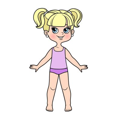 Cute cartoon girl dressed in underwear and barefoot with hairstyle two ponytails color variation for coloring on a white background vector