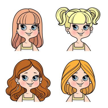 Cute cartoon girl four hairstyle options color variation for coloring on a white background vector