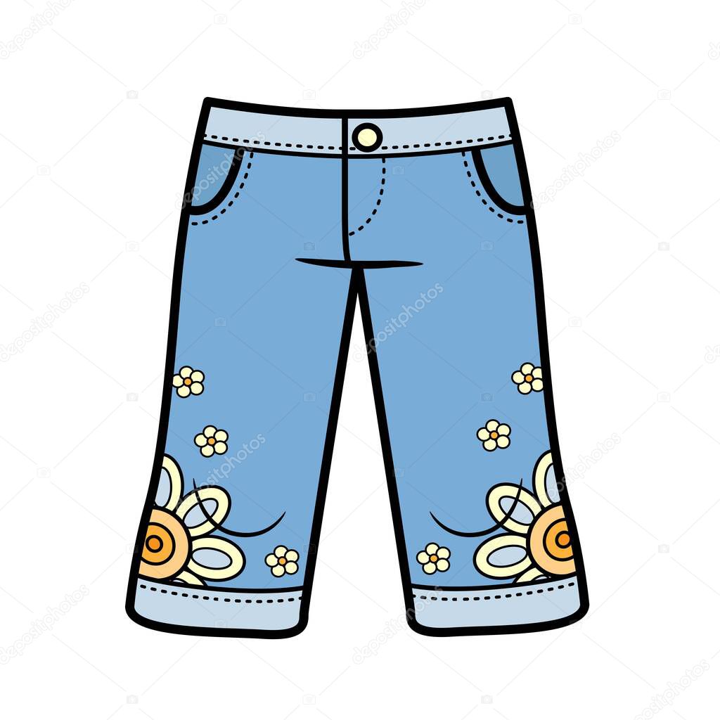 Denim breeches just below the knee color variation for coloring on a white background
