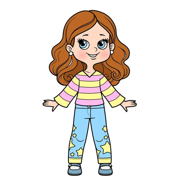 Linda Niña Vestida Con Jersey Rayas Pantalones Con Variación Color — Vector de stock