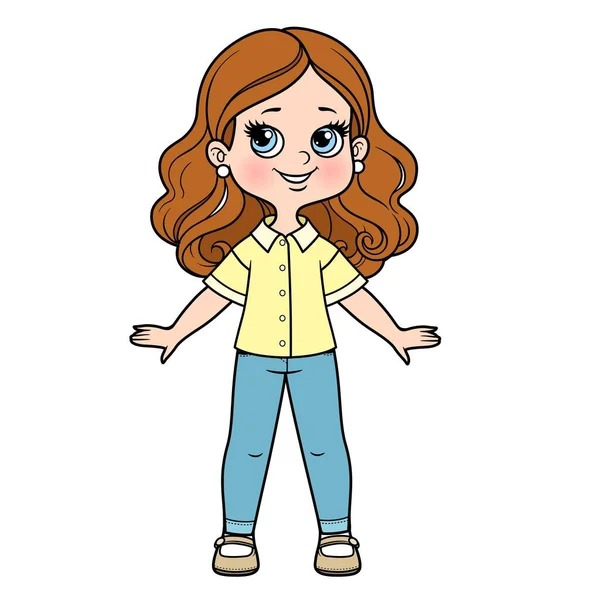 Roztomilé Kreslené Dívka Ležérní Halence Krátkými Rukávy Džíny Džíny Barevné — Stockový vektor