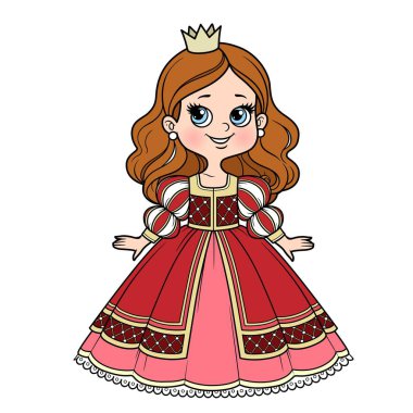 Beyaz bir arka planda renkli sayfa için balo elbisesi ve taç renginde varyasyonları olan tatlı prenses kız.