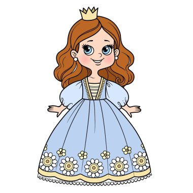 Beyaz balo elbisesi içindeki tatlı prenses ve beyaz arkaplanı boyamak için küçük bir taç çizgisi.