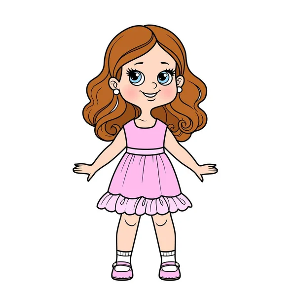 Cute Cartoon Girl Fancy Dress Color Variation Coloring Page Isolated — 스톡 벡터