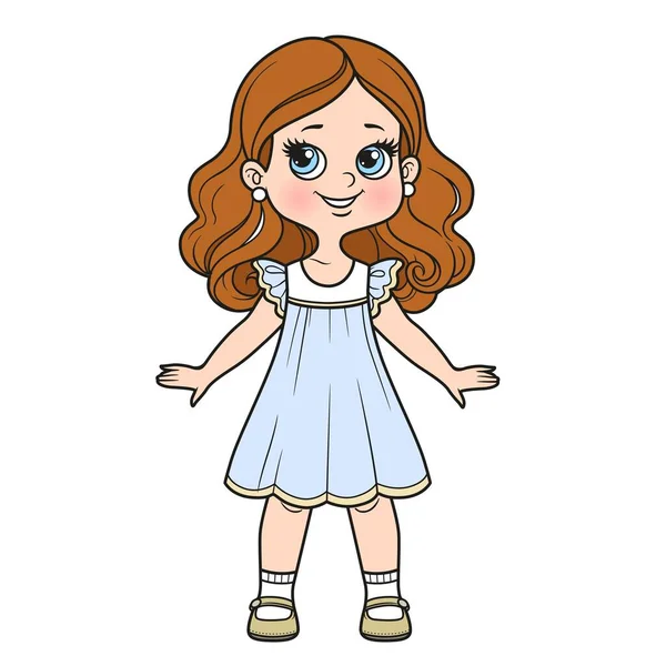 Cute Cartoon Girl Summer Sundress Color Variation Coloring Page White — Stock Vector