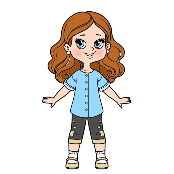Cute Cartoon Girl Inin Długą Tunikę Bryczesy Star Applique Odmiany — Wektor stockowy
