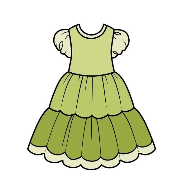 白い背景に隔離された着色ページのための2層のスカートの色のバリエーションを持つ緑豊かな夏のドレス — ストックベクタ