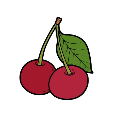 Beyaz arkaplanda izole edilmiş renklendirme sayfası için yaprak rengi varyasyonlu bir sapta iki kiraz