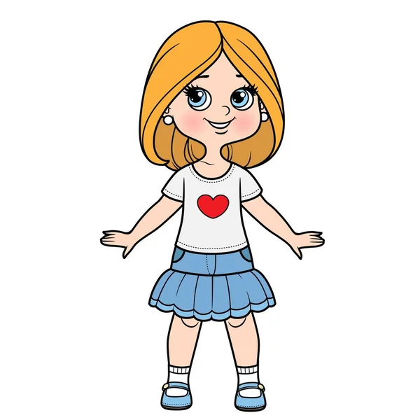Cute Cartoon Girl Dressed Skirt Shirt Bob Hairstyle Color Variation — Stockový vektor