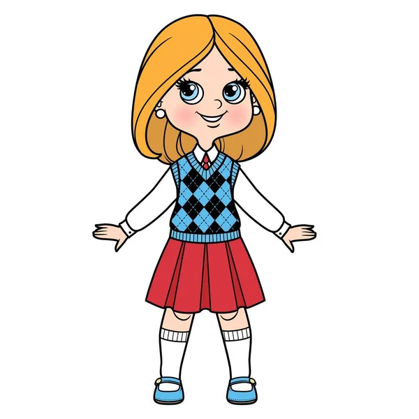 Cute Cartoon Girl Bob Hairstyle Dressed School Uniform Color Variation — Stockový vektor