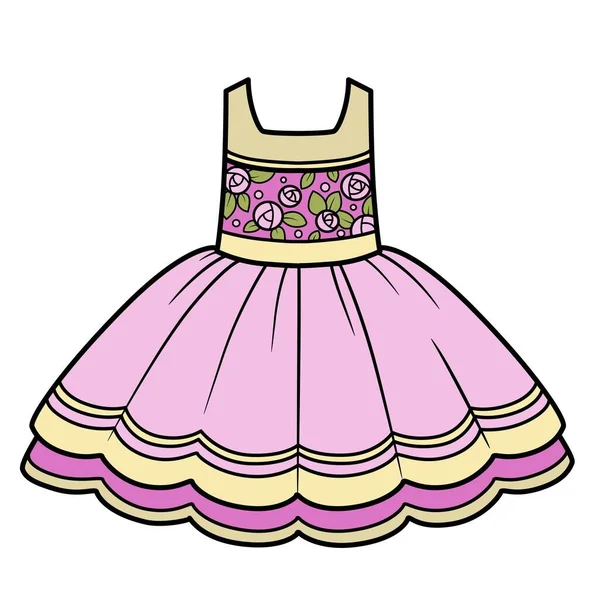 Elegante Vestido Con Una Falda Esponjosa Adorno Rosas Variación Color — Vector de stock