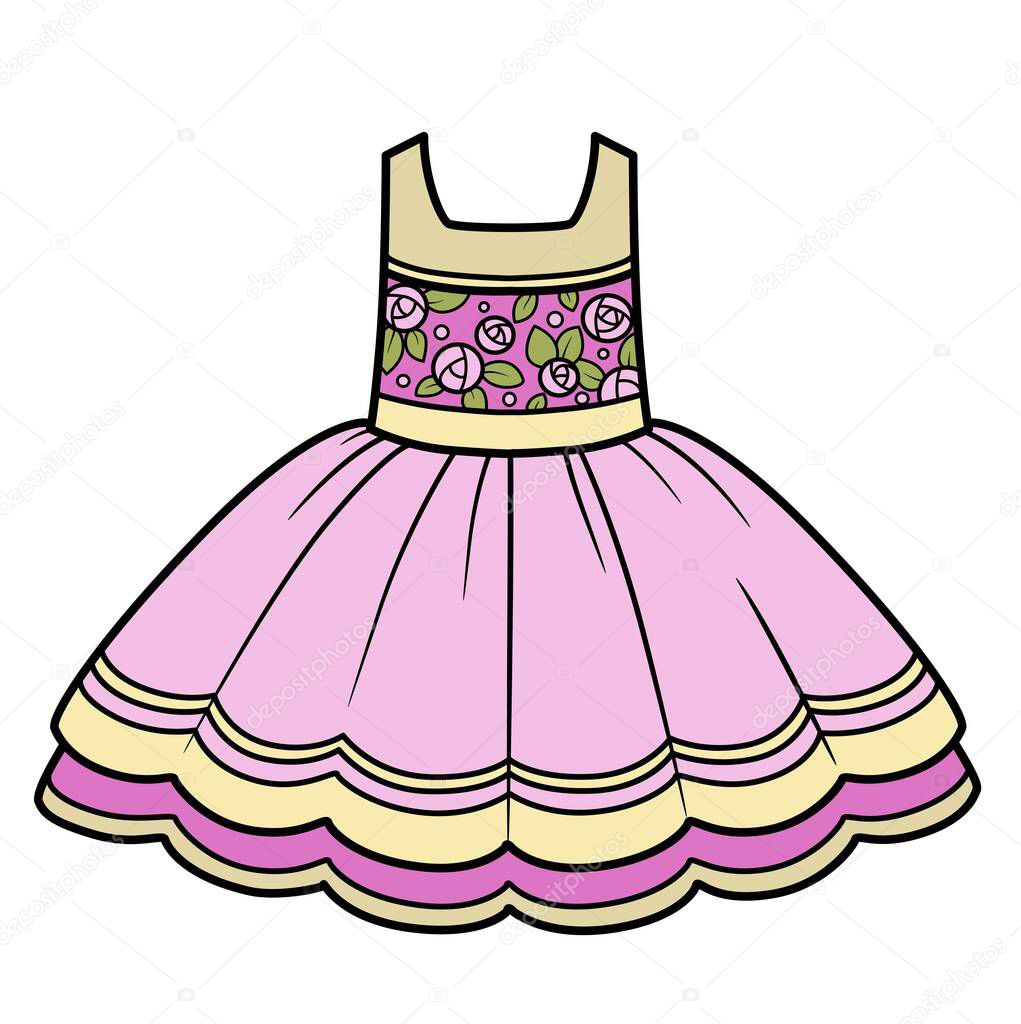 Elegant dress with a fluffy skirt and an ornament of roses on the bodicet color variation for coloring page isolated on white background