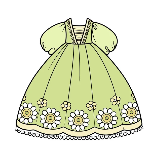 Σαλάτα Πράσινο Φόρεμα Μπάλα Φούστα Κεντημένα Λουλούδια Και Φουσκωτά Μανίκια — Διανυσματικό Αρχείο