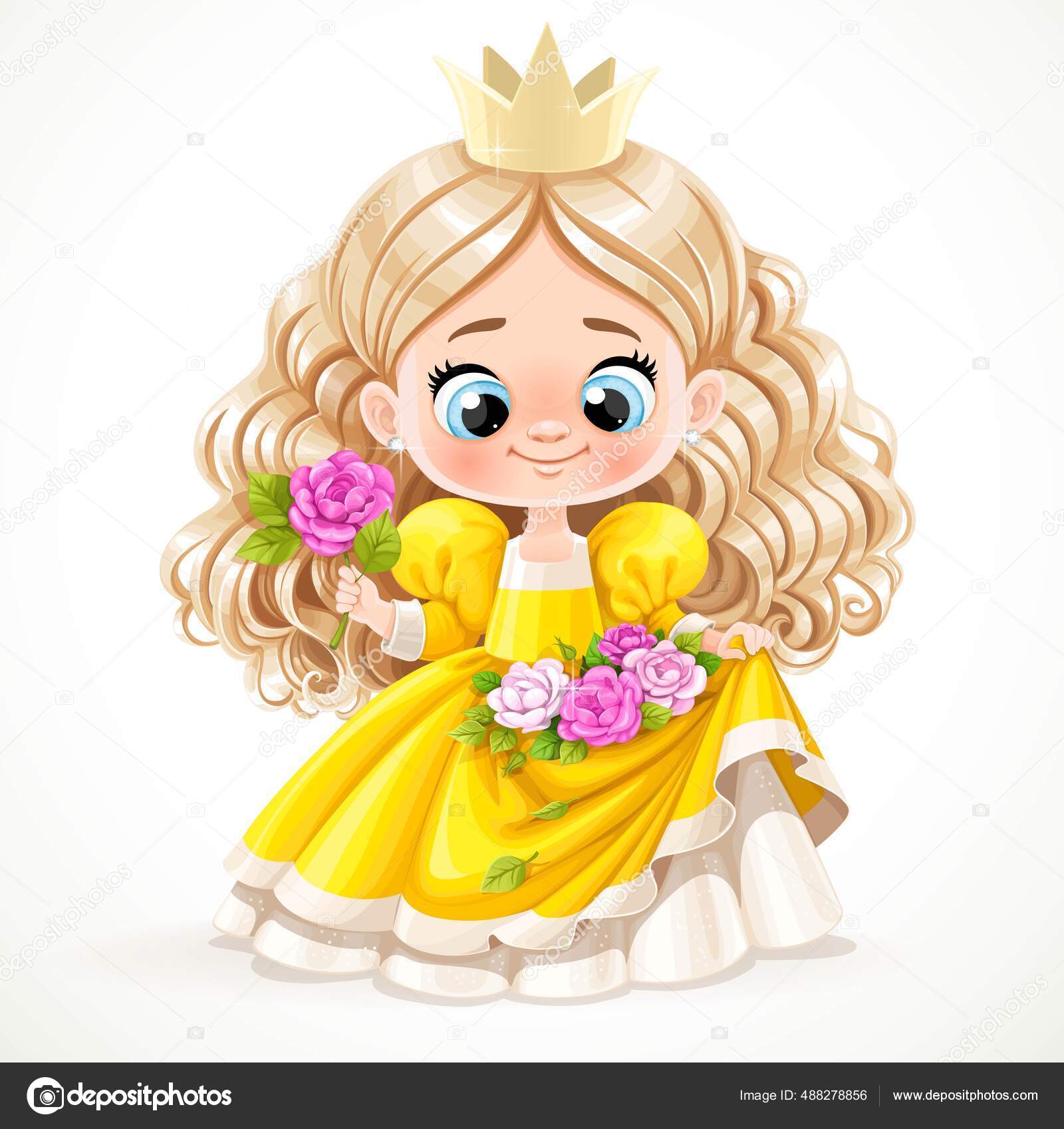 Linda Princesa Bebé Con Pelo Largo Ondulado Rubio Vestido Amarillo