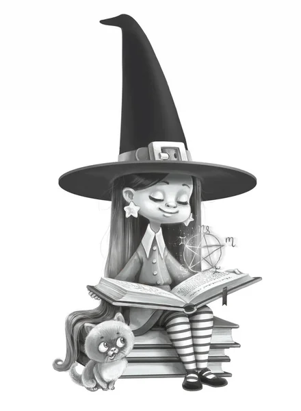 Cute Little Witch Sits Stack Books Reads Little Kitten Sits — Stock Photo, Image