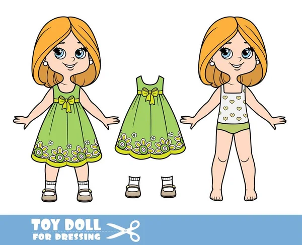 服や服を別々にボブの髪型を持つ漫画の女の子 ドレッシングのための花刺繍やサンダル人形と緑のドレス — ストックベクタ